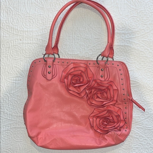 Coral Floral Handbag with Silver Stud Accents - Picture 1 of 8